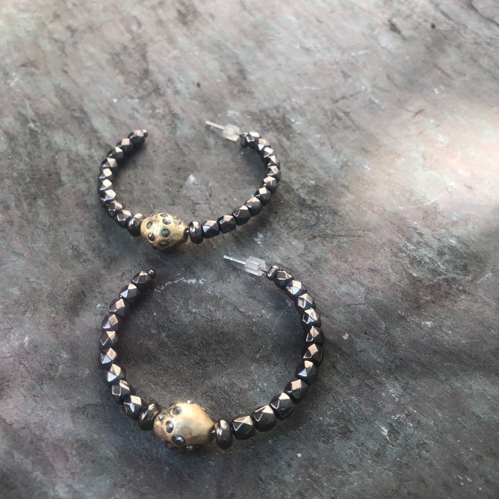 Beaded, silver and brass-colored circle hoop earrings